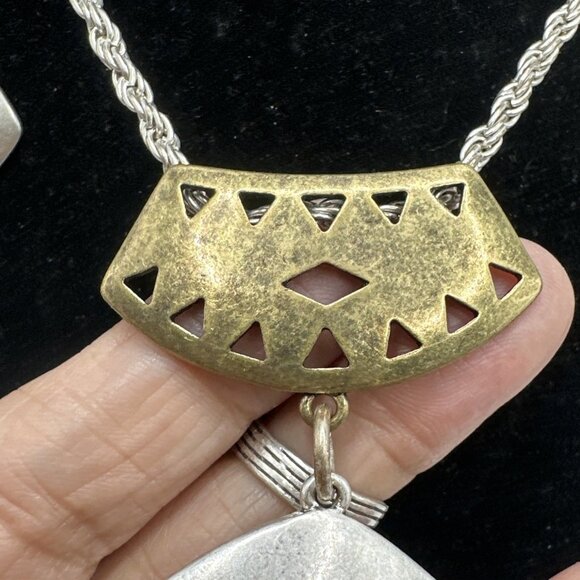 Set Necklace Earrings SilverTone Brass Tribal Geometric Cut Out Rope Chain 18”3” - Picture 8 of 14